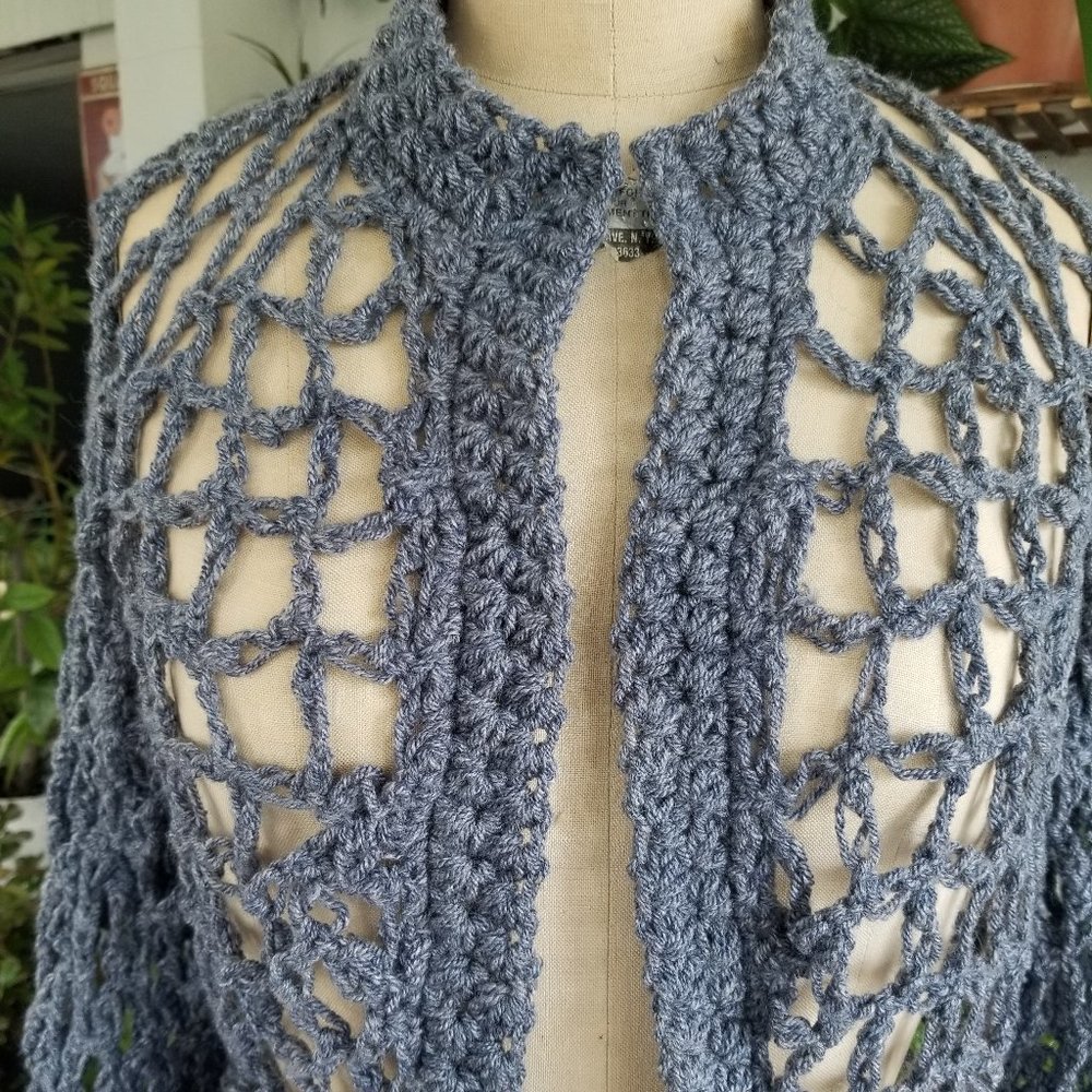 Crochet Star & Loveknot Stitch Sweater Handmade SM Faded Denim Jean